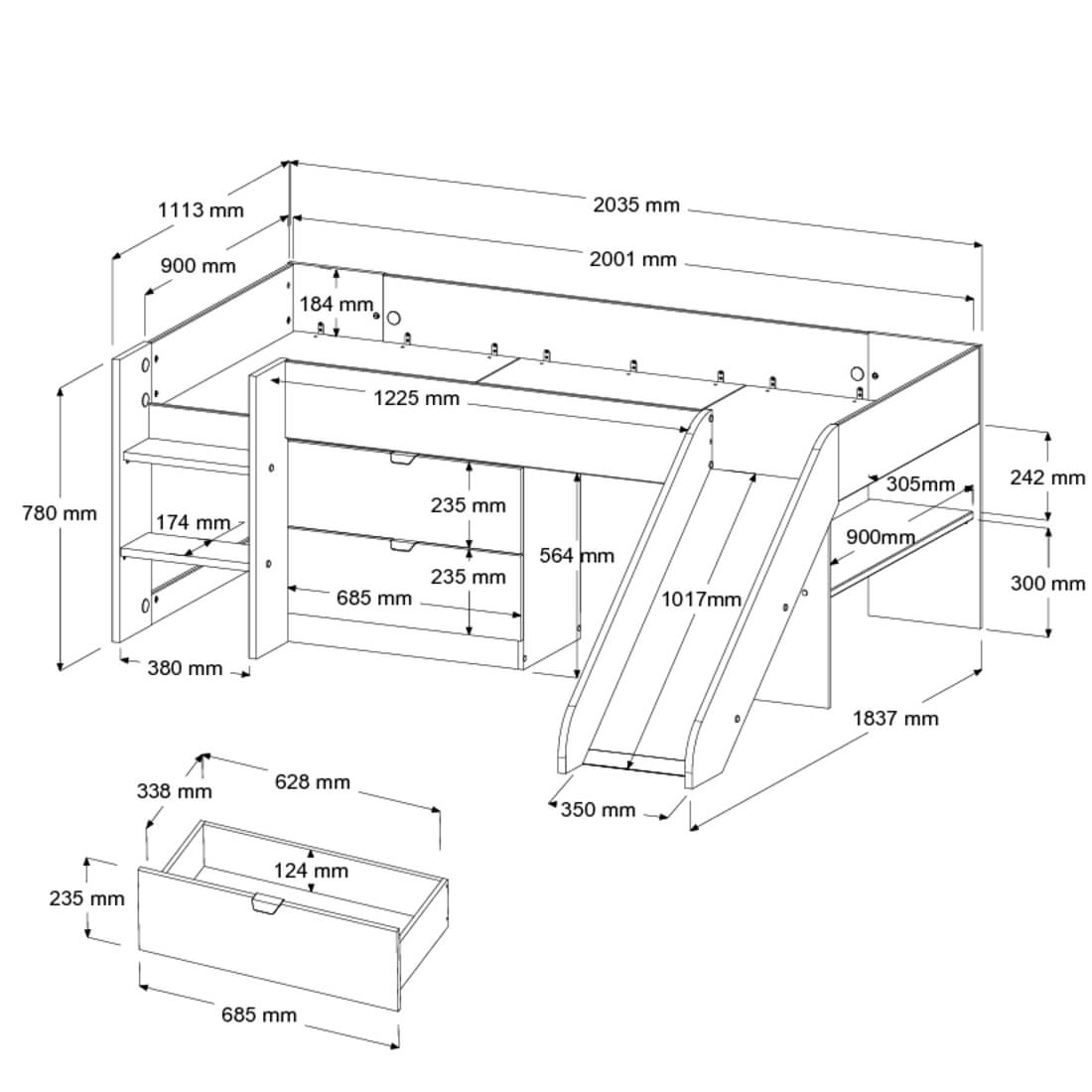 Tobo Mid Sleeper Cabin Bed with Slide