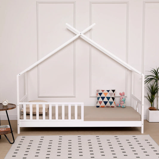 Kids Montessori White Wooden House Bed