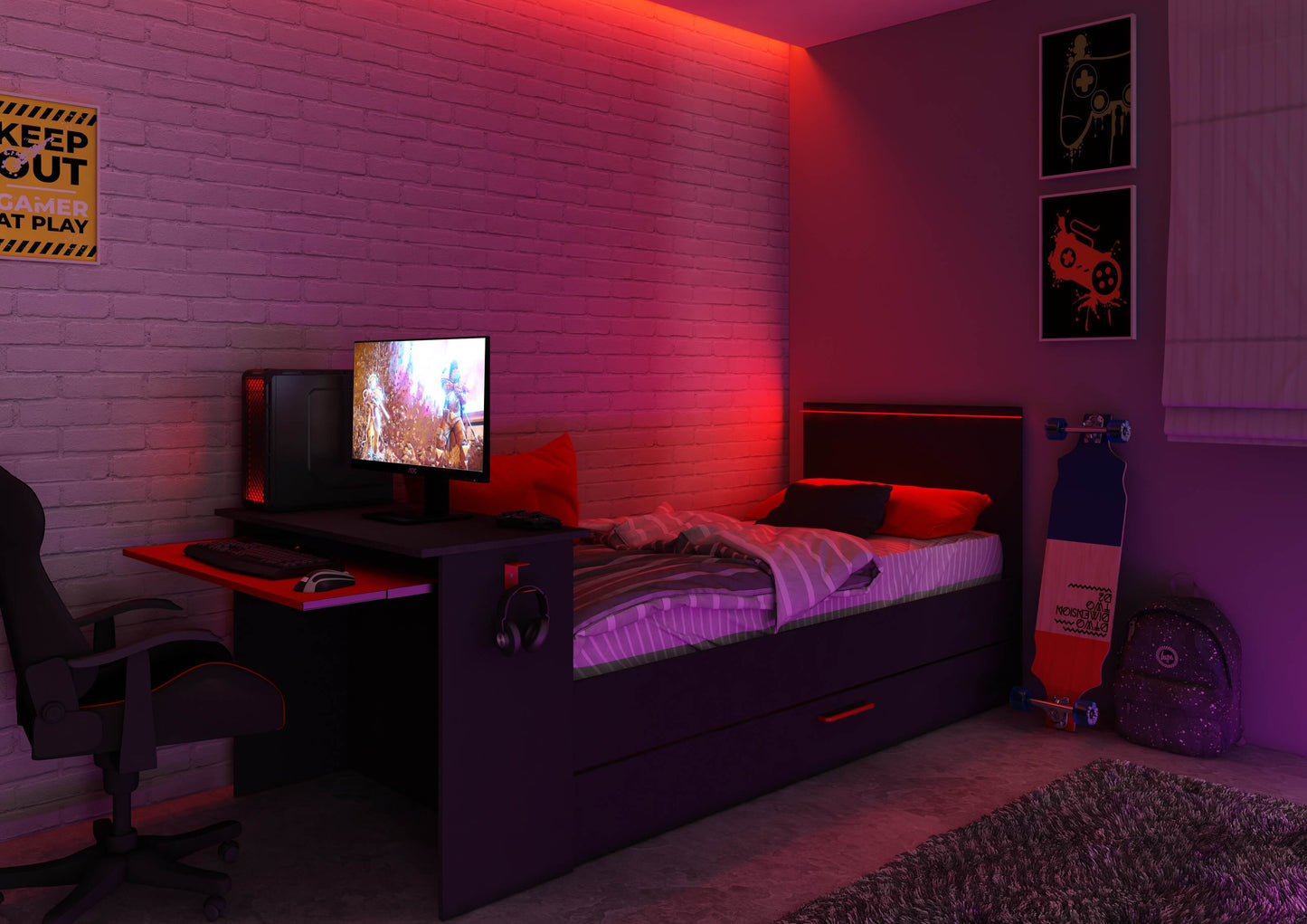 BZone LED Gaming Bed with Desk & Trundle