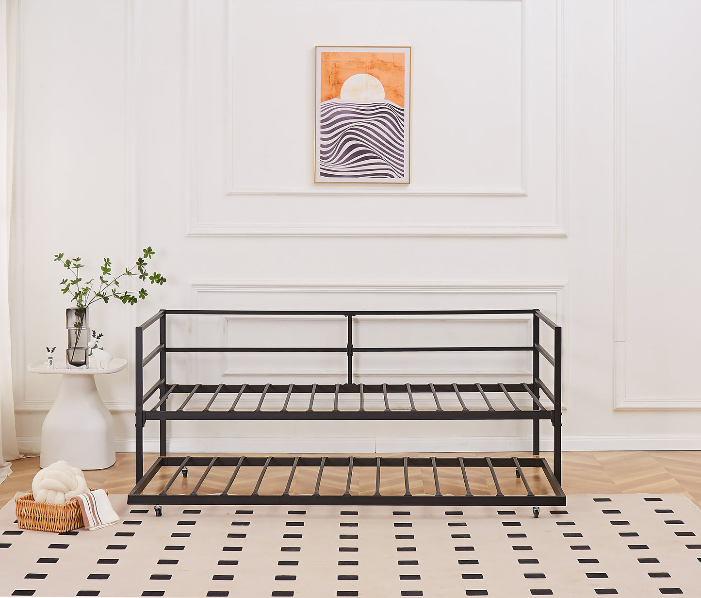 Catton Minimalistic Black Metal Day Bed Frame with Trundle