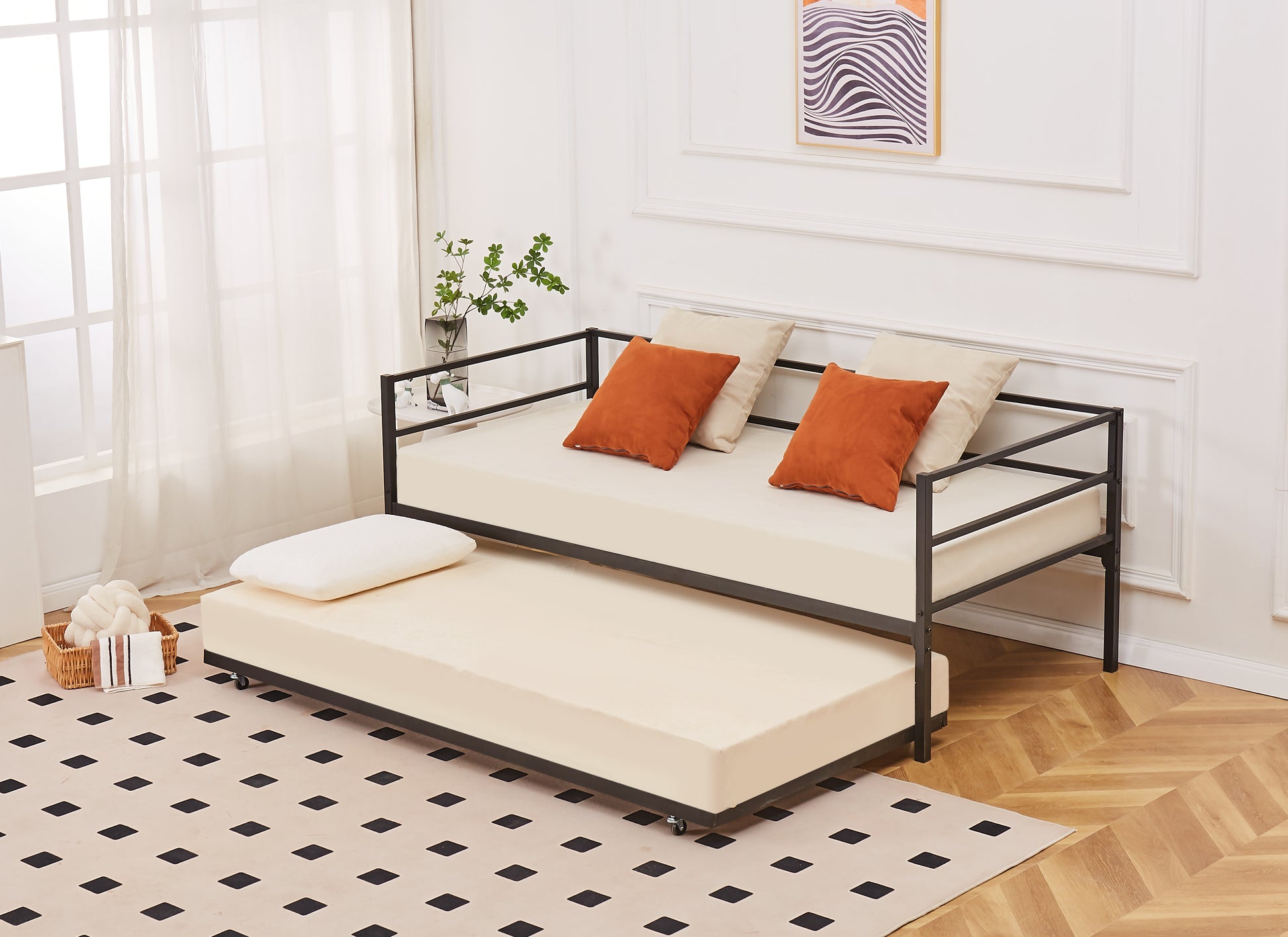 Catton Minimalistic Black Metal Day Bed Frame with Trundle