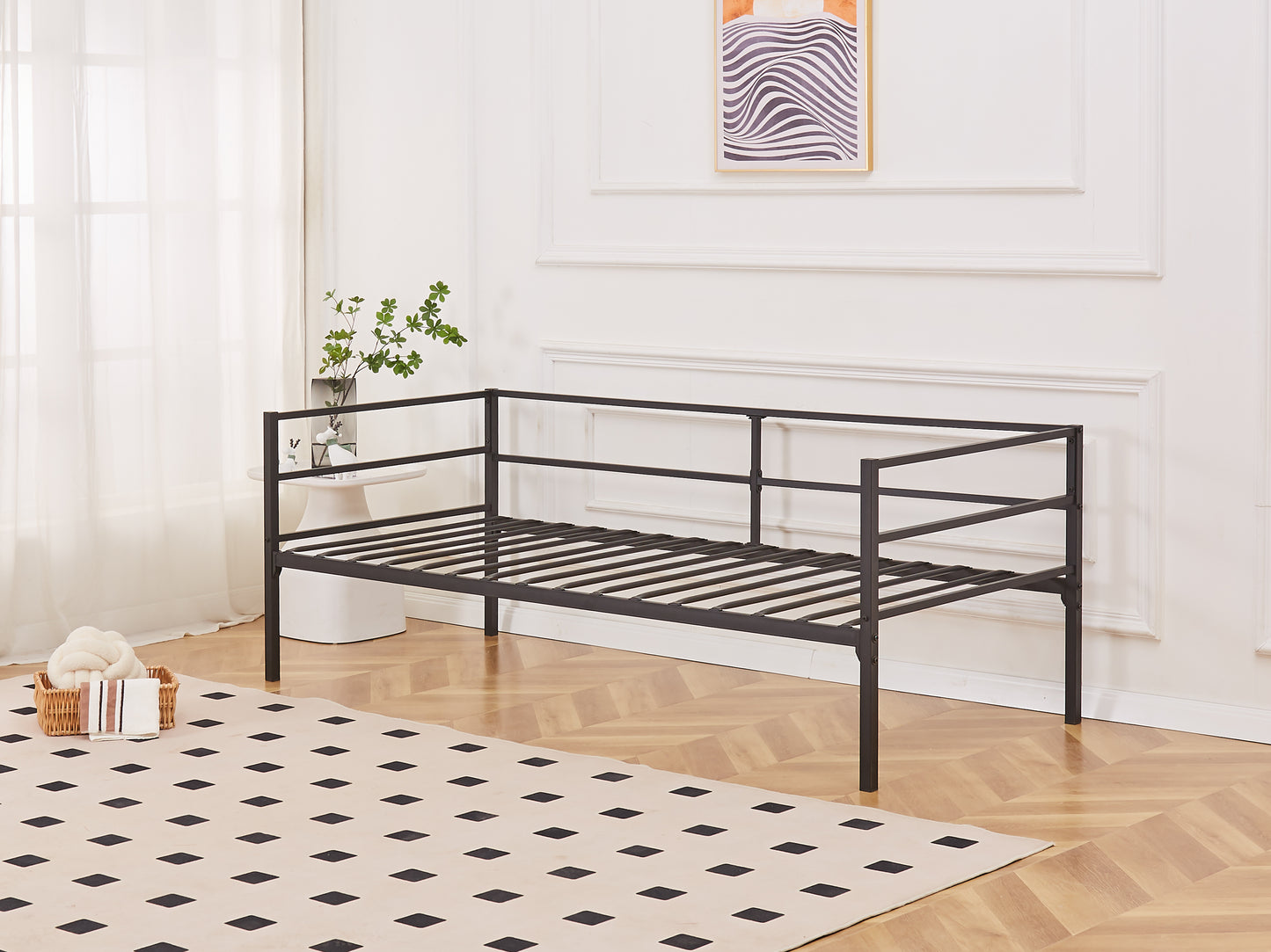 Catton Minimalistic Black Metal Day Bed Frame with Trundle