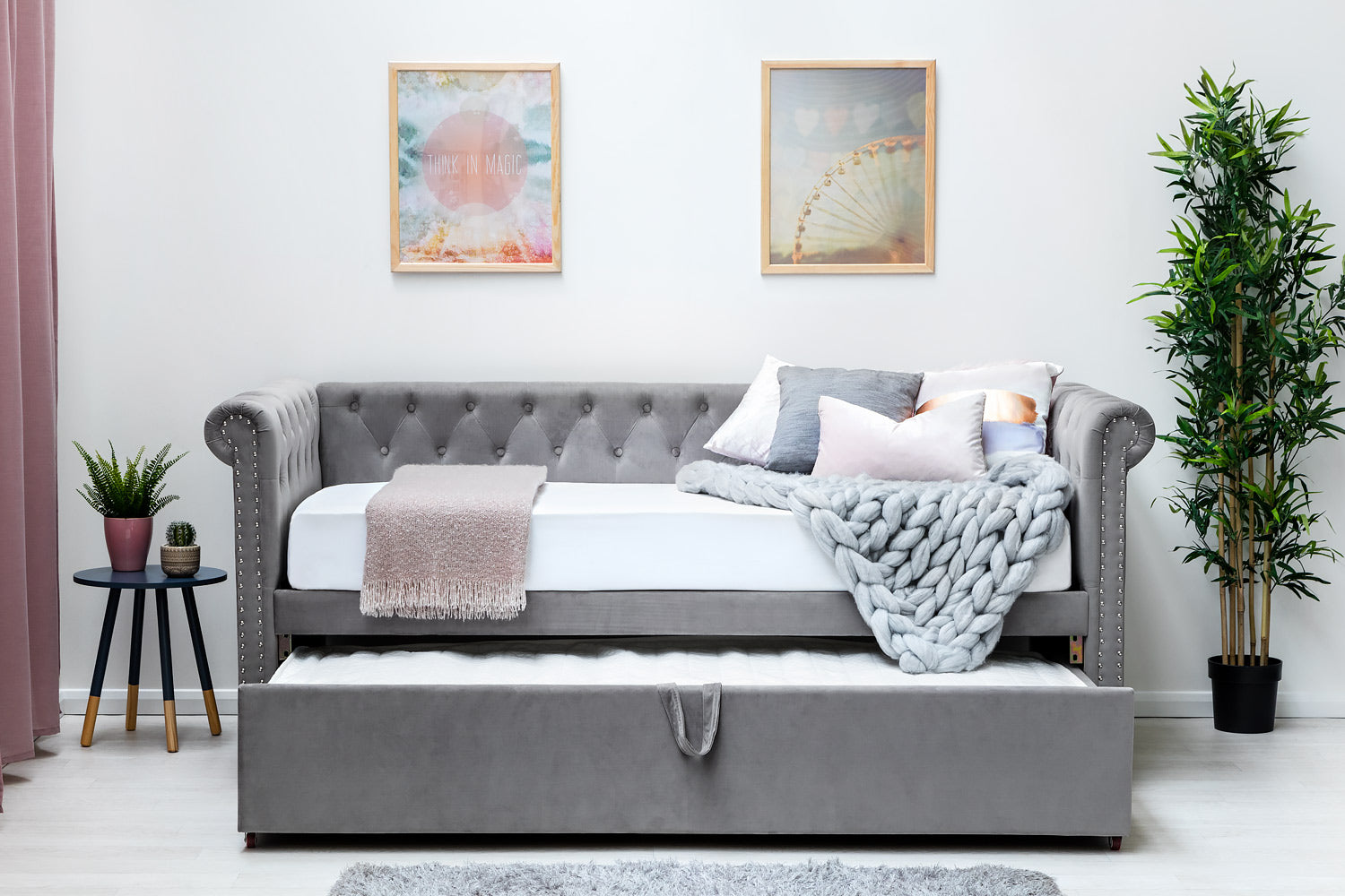 Clarendon Grey Velvet Fabric Day Bed With Trundle