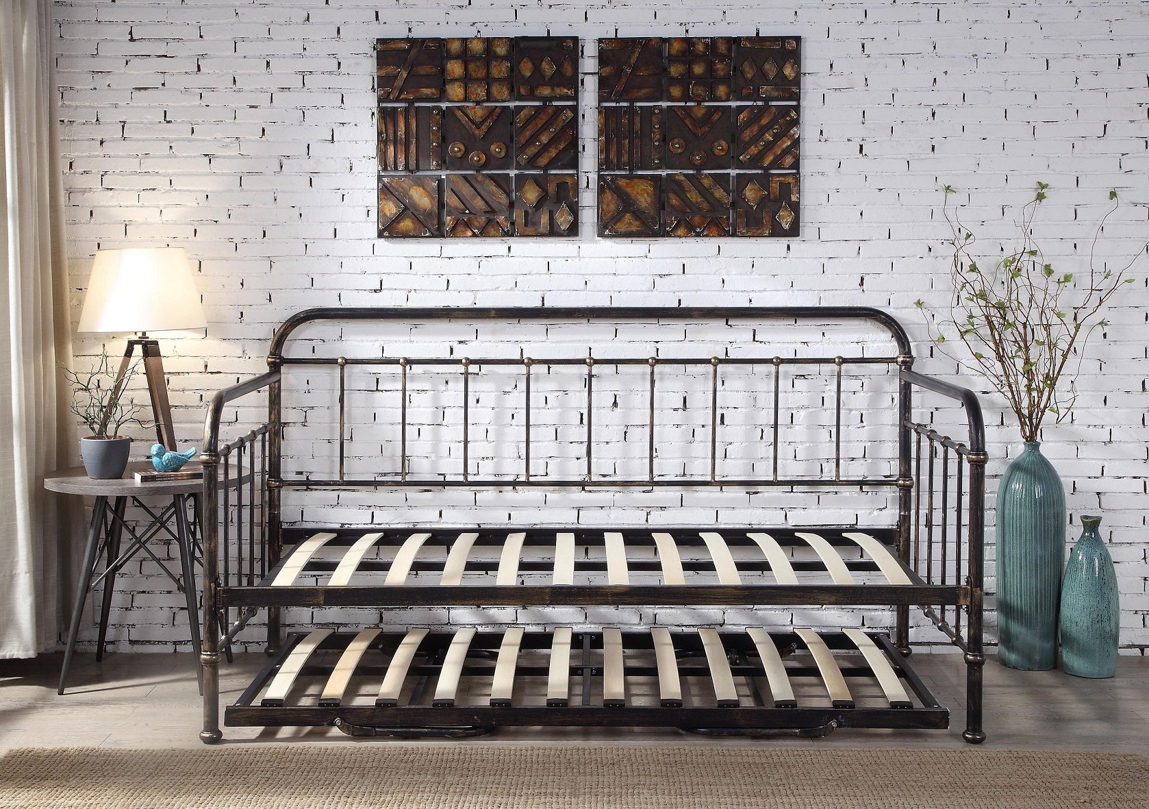 Harlow Brushed Antiqued Metal Day Bed With Trundle