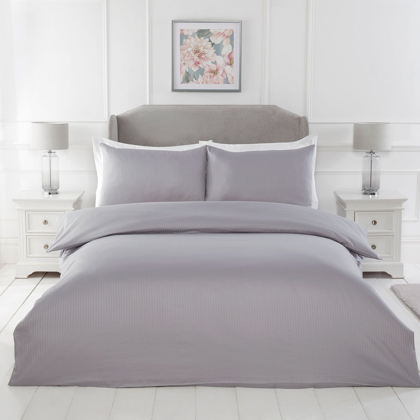 Satin Stripe Silver Grey 210TC 100% Cotton Duvet Set