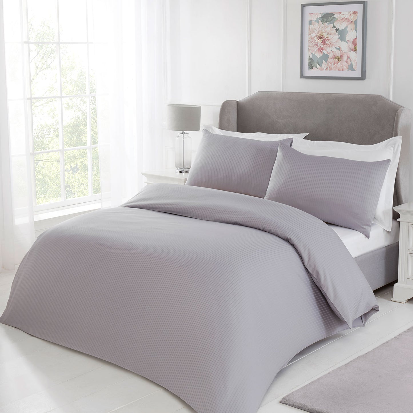 Satin Stripe Silver Grey 210TC 100% Cotton Duvet Set