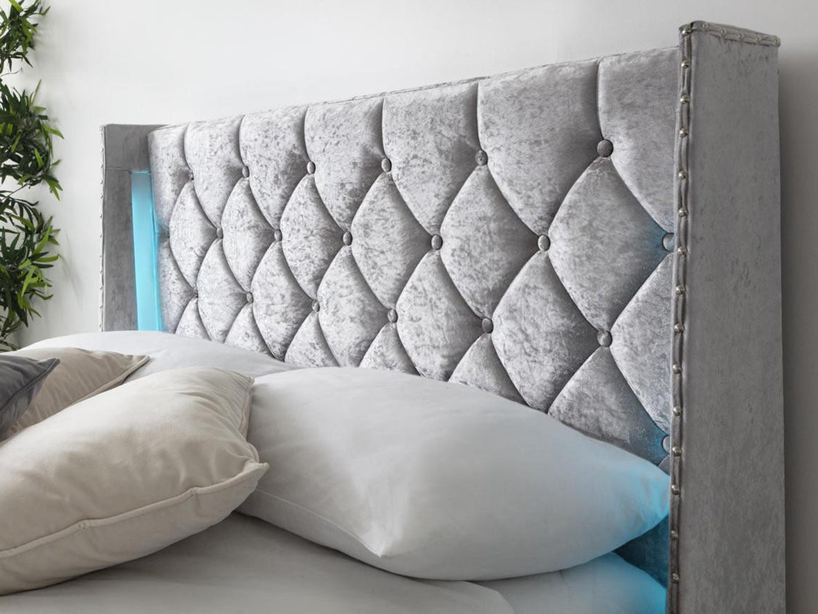 Loxley LED Fabric Crushed Silver Velvet Storage Ottoman Bed