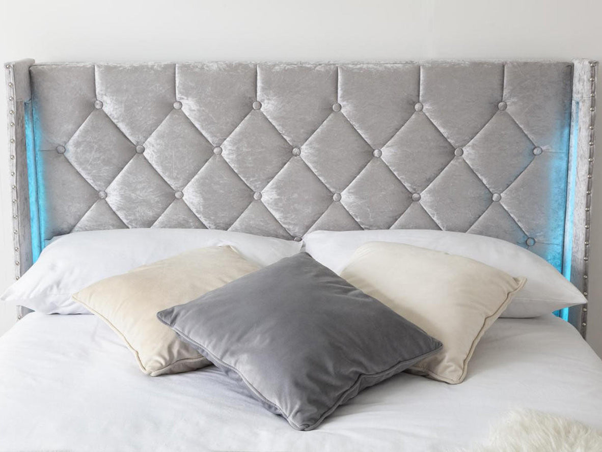 Loxley LED Fabric Crushed Silver Velvet Storage Ottoman Bed