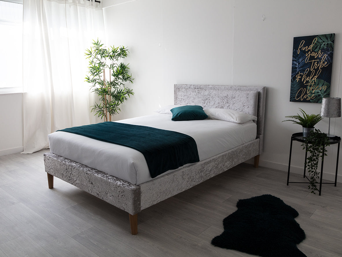 Ludlow LED Crushed Silver Velvet Bed Frame | Crazy Price Beds