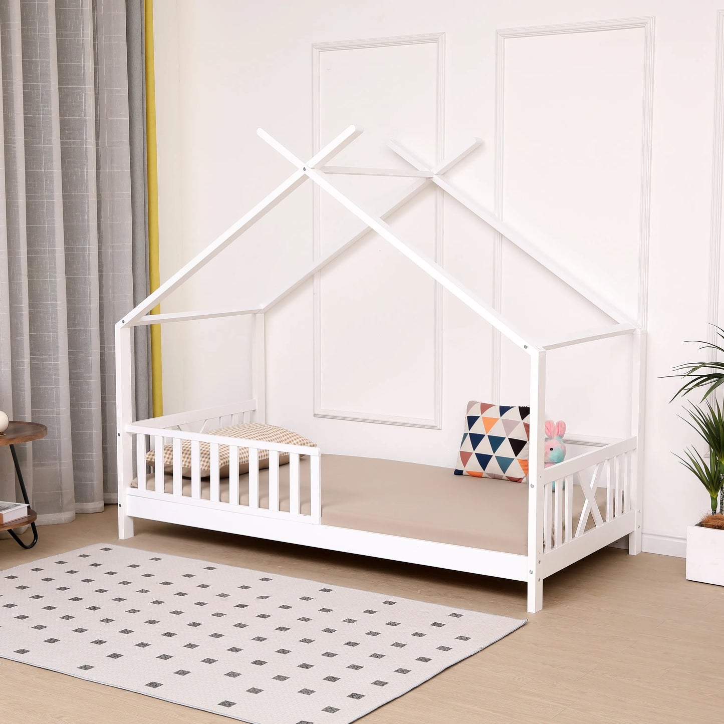 Kids Montessori White Wooden House Bed