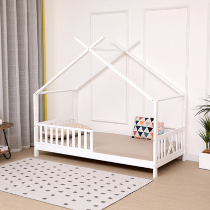 Kids Montessori White Wooden House Bed