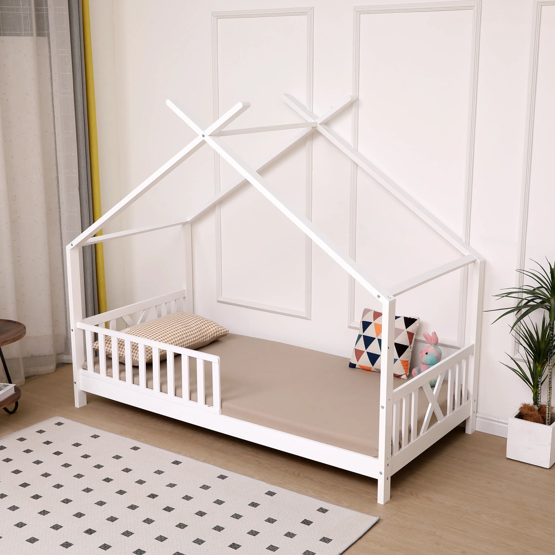 Kids Montessori White Wooden House Bed