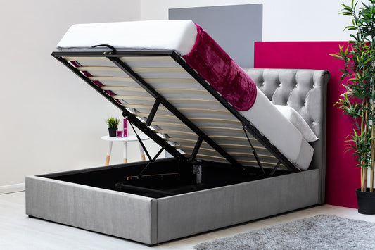Thorpe Grey Velvet Ottoman Storage Bed