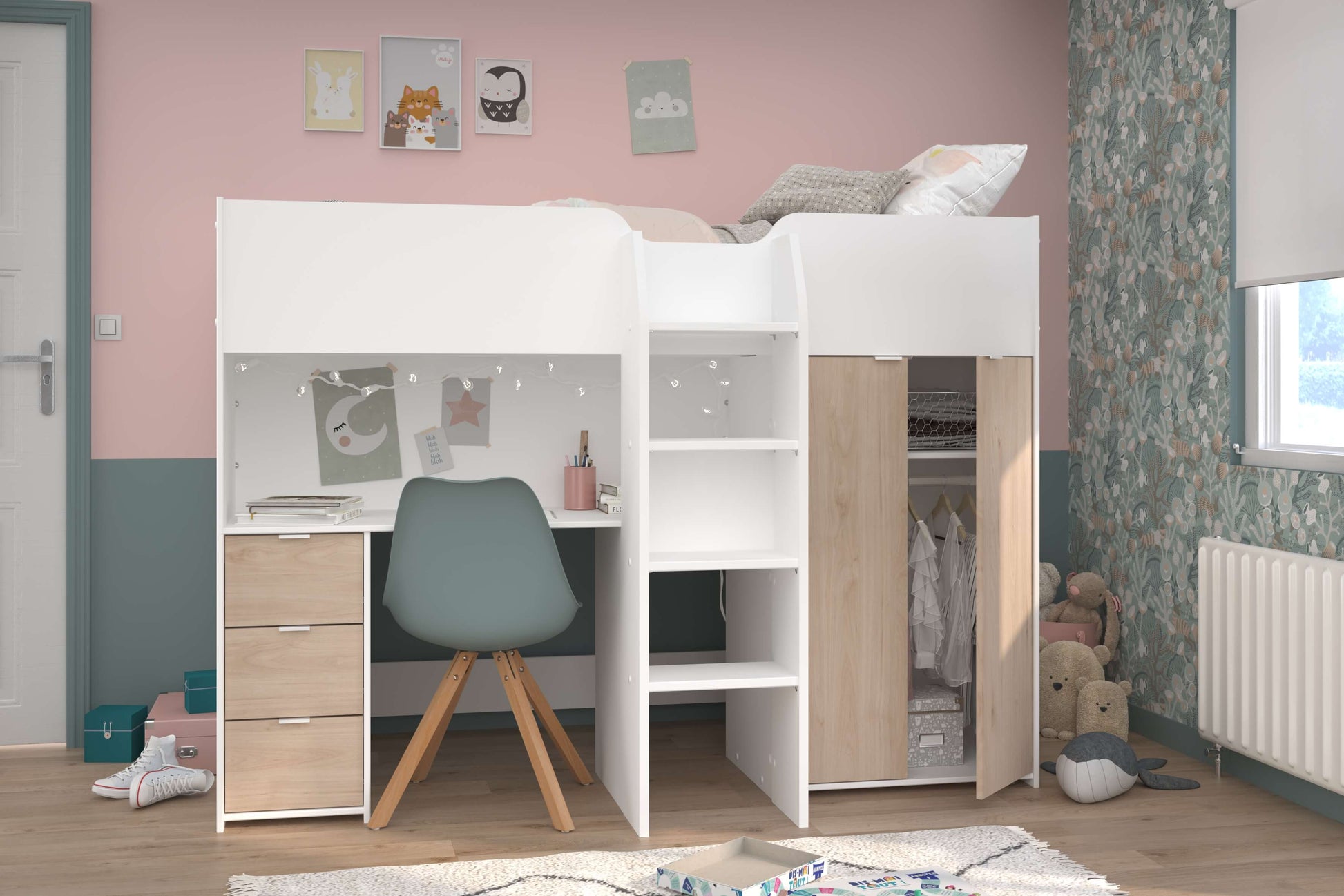 Tom Junior High Sleeper Bed, White & Natural