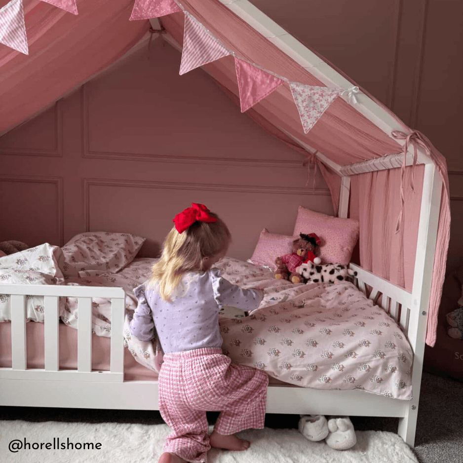 Kids Montessori White Wooden House Bed