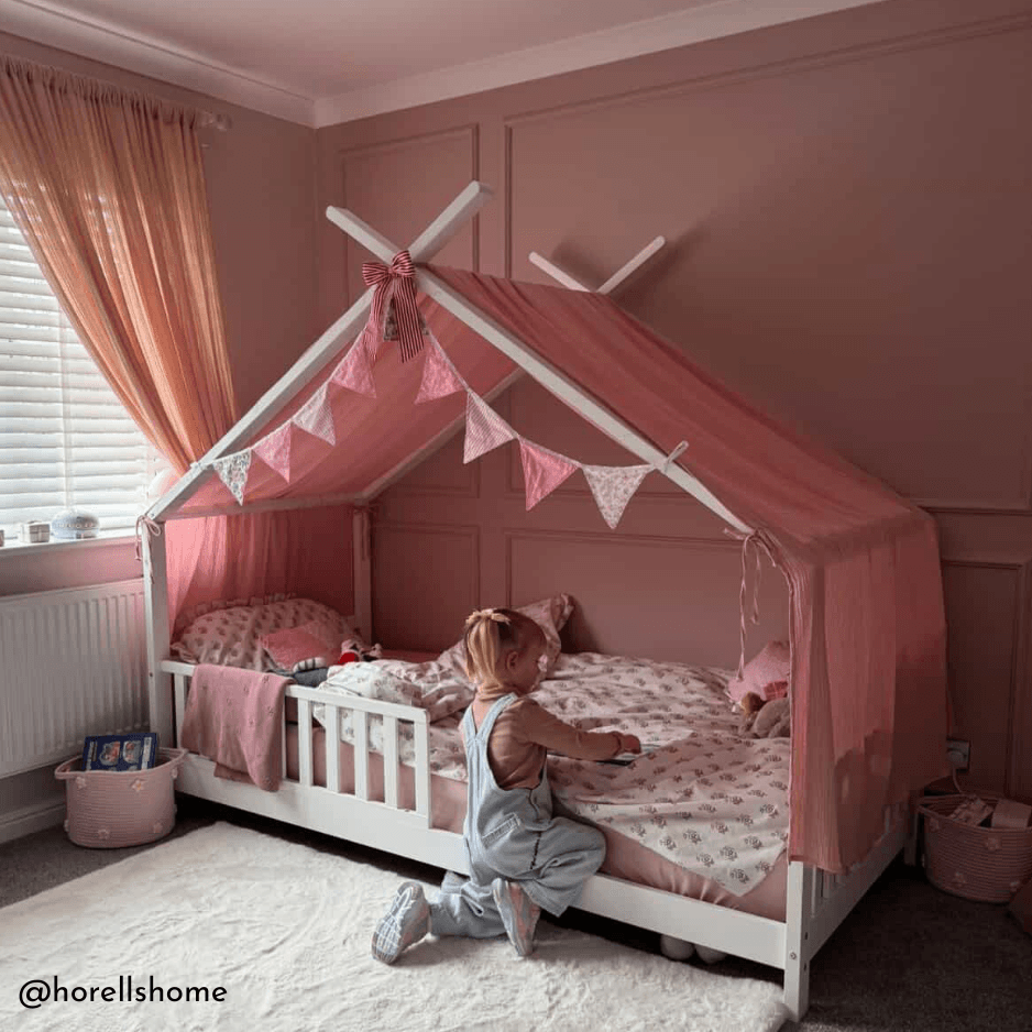 Kids Montessori White Wooden House Bed